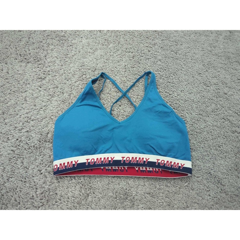 Tommy Hilfiger Sport Bralette Women Medium Blue Logo Strappy Back Wireless